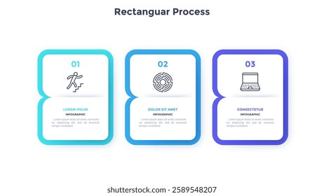 Three numbered rectangular paper frames placed in horizontal row. Concept of 3 stages of marketing strategy. Modern flat infographic design template. Simple vector illustration for business 