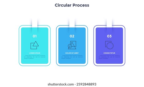 Three numbered square frames placed in horizontal row. Concept of 3 stages of marketing strategy. Modern flat infographic design template. Simple vector illustration for business presentation.