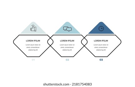 Three numbered steps placed in horizontal row. Concept of 3 stages of marketing strategy. Modern flat infographic design template. Simple vector illustration for business presentation.