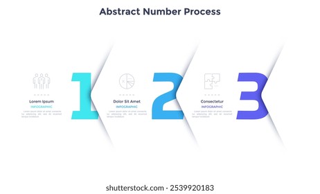 Three numbers or figures overlaid by paper white corners or arrows. Concept of 3 successive steps of business process. Minimal infographic design template. Modern vector illustration for progress bar.