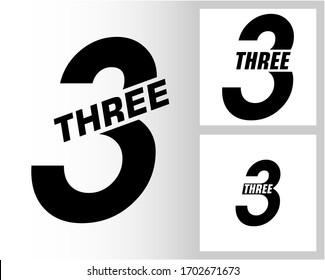 Three; numeral and word logo for number. Three letter with three figure logo design. Number and name typography.  Text logo studies for all numbers.