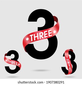 Three; numeral and word logo for number with red ribbon. Three letter with three figure logo designs with three alternatives. Number names typography design. Red ribbon belt numbers.