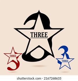 Three; Numeral And Word Logo For Number. Three With Star Shaped Logo Design. Number Names Typography Design. Serif Font Design.  Text Logo Studies For All Numbers.