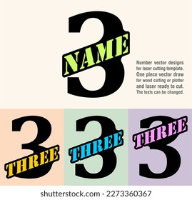 Three; numeral and word logo for number. Special welded text area and stencil name on the number. Number designs for laser cutting template. Serif font logo and numeral logo studies for all numbers.