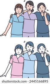 three nurses with put arms around each other's shoulders