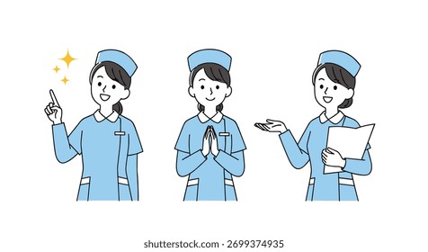 Three nurses showing different expressions and gestures of care and professionalism in medical settings