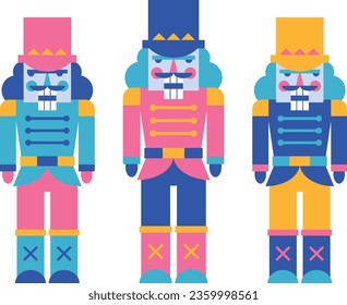 Three Nutcracker soldier men in three colour options, with geometric flat vector styling