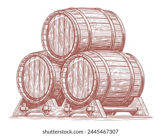 Three oak barrels for alcoholic beverages. Wood casks, kegs with wine or beer. Hand drawn sketch vector illustration