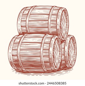 Three oak barrels for alcoholic beverages. Wood casks sketch. Hand drawn vector illustration