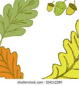 Three oak hand-drawn yellow, green and orange leaves with three acorns framing a place for the text.