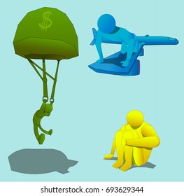 Three objects, representing figures of a person. The first character flies by parachute. The second character sits on the wing of the plane. Another person is sitting with his hand on his leg.