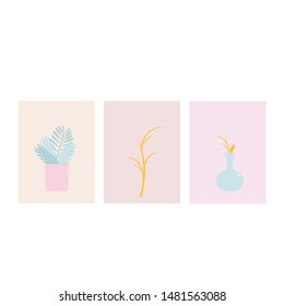 Three objects. Set of paintings. 
In each picture is a flower(plant, herb). Beautiful fashion illustration.  Perfect for advertising, poster, postcard, card, invitation, print, banner. EPS 10
