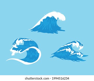 three ocean waves set icons