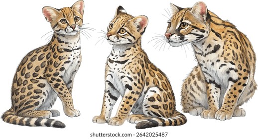 Three ocelots in watercolor style,  sitting and looking in different directions.