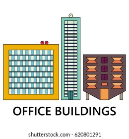 Three office buildings on the white background text