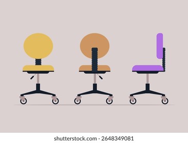 Three office chairs with rounded backs display a variety of vibrant colors and designs, emphasizing ergonomic features suitable for enhancing workplace productivity and aesthetics