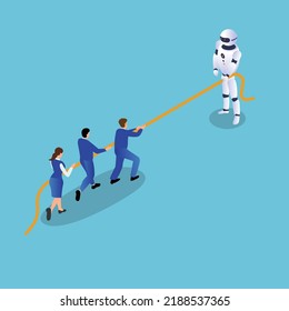 Three office workers having a game of tug of war with one robot - Manual vs RPA isometric 3d vector illustration concept for banner, website, illustration, landing page, flyer, etc.
