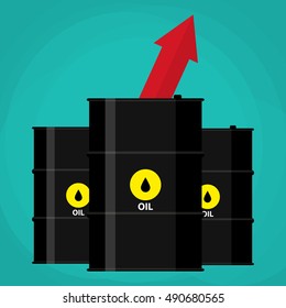 three oil barrel and red chart graph arrow pointing up.