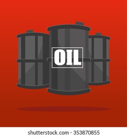 Three Oil barrels or drums shown in perspective suspended on a red background with the word OIL added in white text