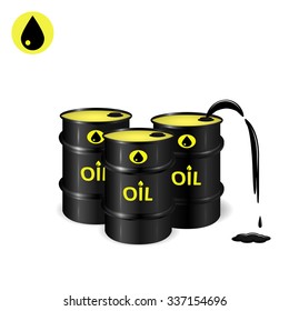 Three oil barrels with oil spill and slick, oil drop vector icon, 2d and 3d vector objects, eps 10