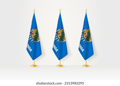 Three Oklahoma flags in a row on a golden stand, illustration of press conference and other meetings. Vector illustration.