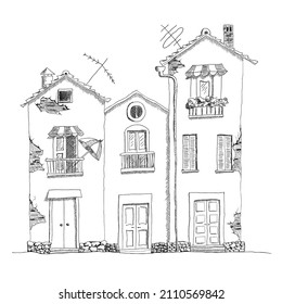 Three old cartoon houses. Hand drawn outline vector sketch illustration. Black on white background