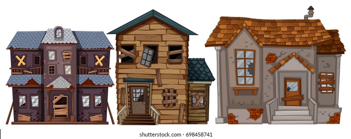 Three old houses with broken windows illustration