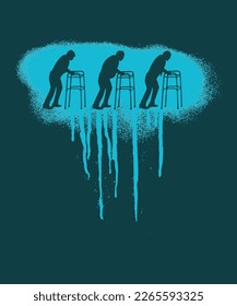 Three old men with walkers amble across the page with a spray painted spatter and drip filled background.