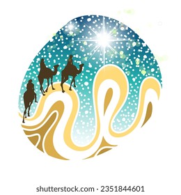Three old orient Magi following east comet leading to new born holy baby Jesus Christ in Bethlehem present gifts gold, frankincense, myrrh. Merry Christmas. Vector illustration