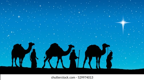 Three old orient Magi following east comet leading to new born holy baby Jesus Christ in Bethlehem present gifts gold  frankincense  myrrh  Dark black ink hand drawn backdrop card and space for text