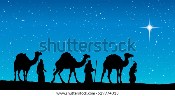 Three old orient Magi following east comet leading\
to new born holy baby Jesus Christ in Bethlehem present gifts gold,\
frankincense, myrrh. Dark black ink hand drawn backdrop card with\
space for text