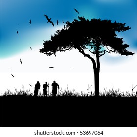 Three old people walk on nature together