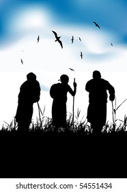 Three old people walk on nature together