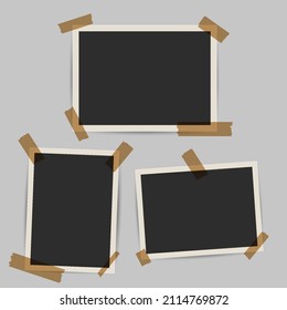 Three old photo frames with tape template. Retro 3D snapshots with white frame and sticky tape. 3D realistic vector illustration.