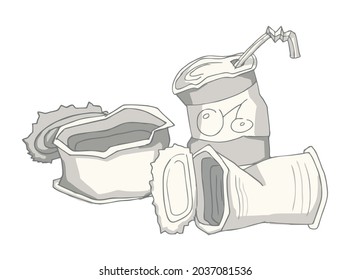 Three old and rusty tin cans in vector isolated on the white background. Retro hand drawn illustration of trash