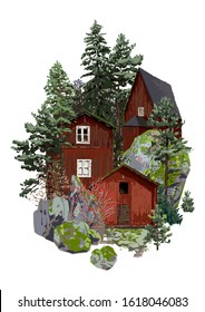 Three old traditional scandinavian wooden houses, surrounded by coniferous trees and stones, covered with moss. Vector natural illustration isolated on white background