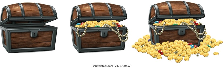 Three old wooden chests - empty, full and overflowing with gold and jewelry.. Realistic illustration.