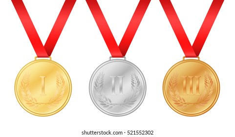 Three olympic games medals. Gold medal. Silver medal. Bronze medal. Laurel leaf on medal. Championship award