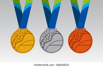Three olympic medals on the ribbon. Vector illustration. Gold, silver and bronze olympic medals. 