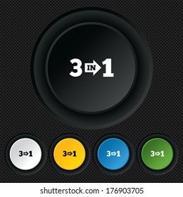 Three in one suite sign icon. 3 in 1 symbol with arrow. Round colourful buttons on black texture. Vector