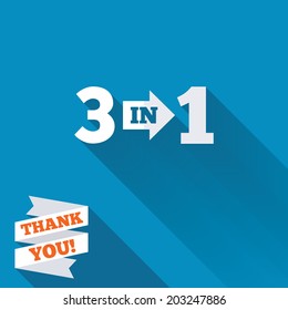 Three in one suite sign icon. 3 in 1 symbol with arrow. White flat icon with long shadow. Paper ribbon label with Thank you text. Vector