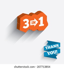 Three in one suite sign icon. 3 in 1 symbol with arrow. White icon on orange 3D piece of wall. Carved in stone with long flat shadow. Vector