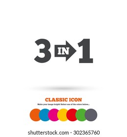 Three in one suite sign icon. 3 in 1 symbol with arrow. Classic flat icon. Colored circles. Vector