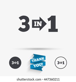 Three in one suite sign icon. 3 in 1 symbol with arrow. Flat icons. Buttons with icons. Thank you ribbon. Vector