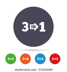 Three In One Suite Sign Icon. 3 In 1 Symbol With Arrow. Round Colourful Buttons With Flat Icons. Vector