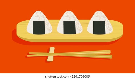 Three onigiri on wooden board and chopsticks vector illustration isolated on orange background. Traditional Japanese rice balls. Flat cartoon style