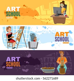 Three online art school horizontal banners set with cartoon designer painter and sculptor characters vector illustration