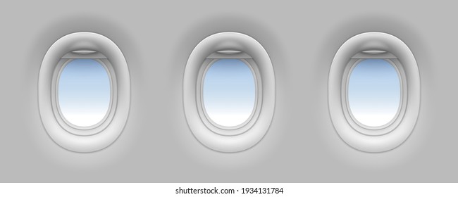 Three open airplane windows . Aircraft illuminator. Realistic vector illustration