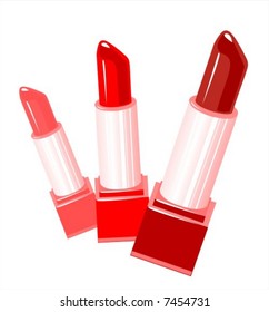 Three open lipsticks on a white background. Digital illustration.