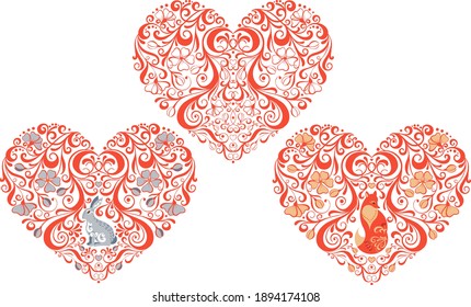 Three openwork lace hearts. Compositions for Valentine's Day. Design for clothing, postcards, invitations, stickers.